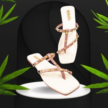 Flats for women stylish latest new design t strap with pyramid nug Peach by ankahu.com