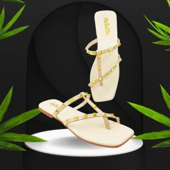 Flats for women stylish latest new design t strap with pyramid nug Cream Beige by ankahu.com