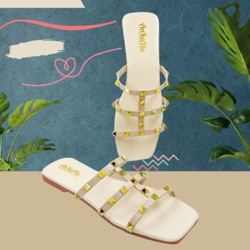 Flats for women stylish latest new design with pyramid nug Cream Beige by ankahu.com